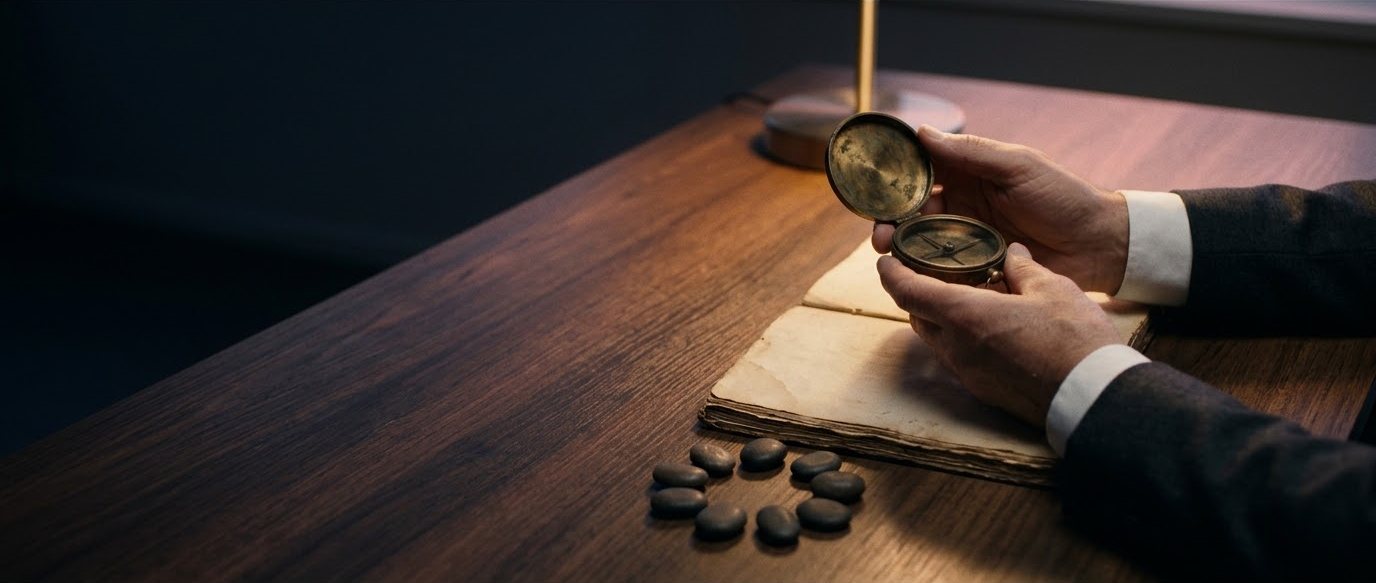 Mãos de um líder segurando uma bússola antiga sobre um caderno, com nove pedras em círculo ao lado.