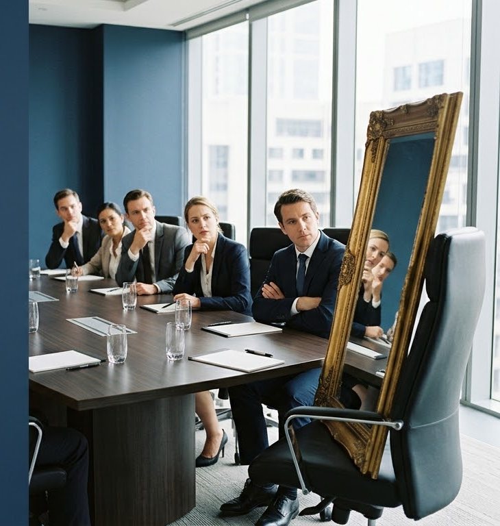 Mesa de reunião em que a cadeira do líder segura um espelho virado para a equipe.
