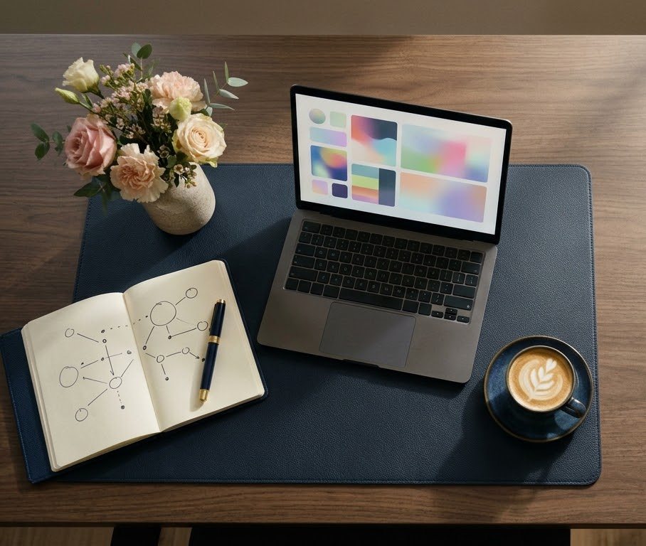 Mesa de trabalho com caderno aberto com um diagrama desenhado à mão, notebook, caneta e flores rosa.